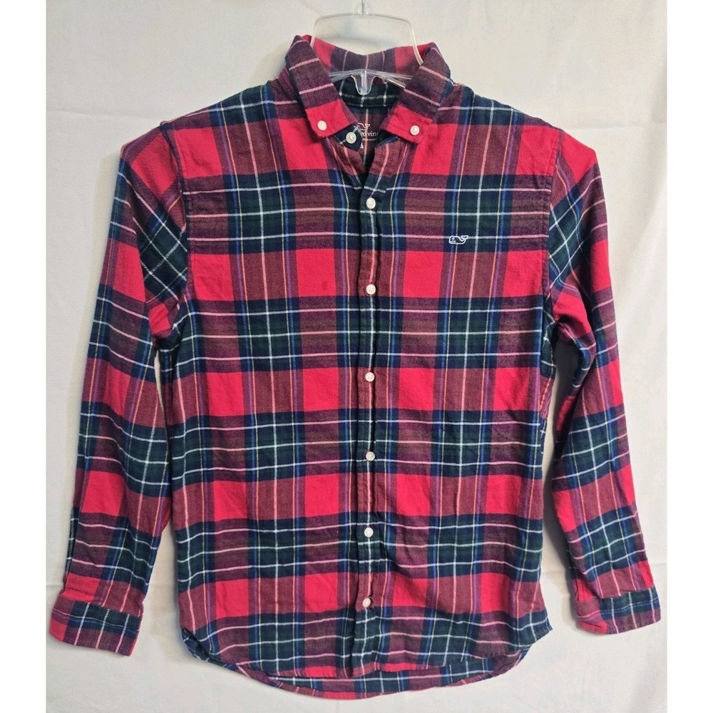 VINYARD VINES Boy's L 14 Red Button Down Flannel Shirt Whale  LARGE